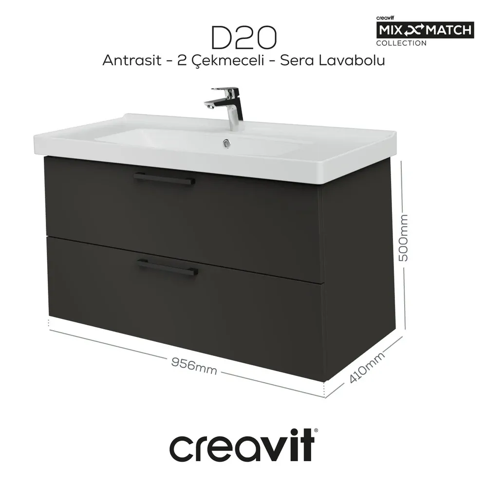 D20 100 Cm İki Çekmeceli Lavabo Dolabı Antrasit Lake Kapak