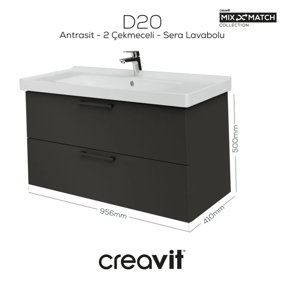 D20 100 Cm İki Çekmeceli Lavabo Dolabı Antrasit Lake Kapak