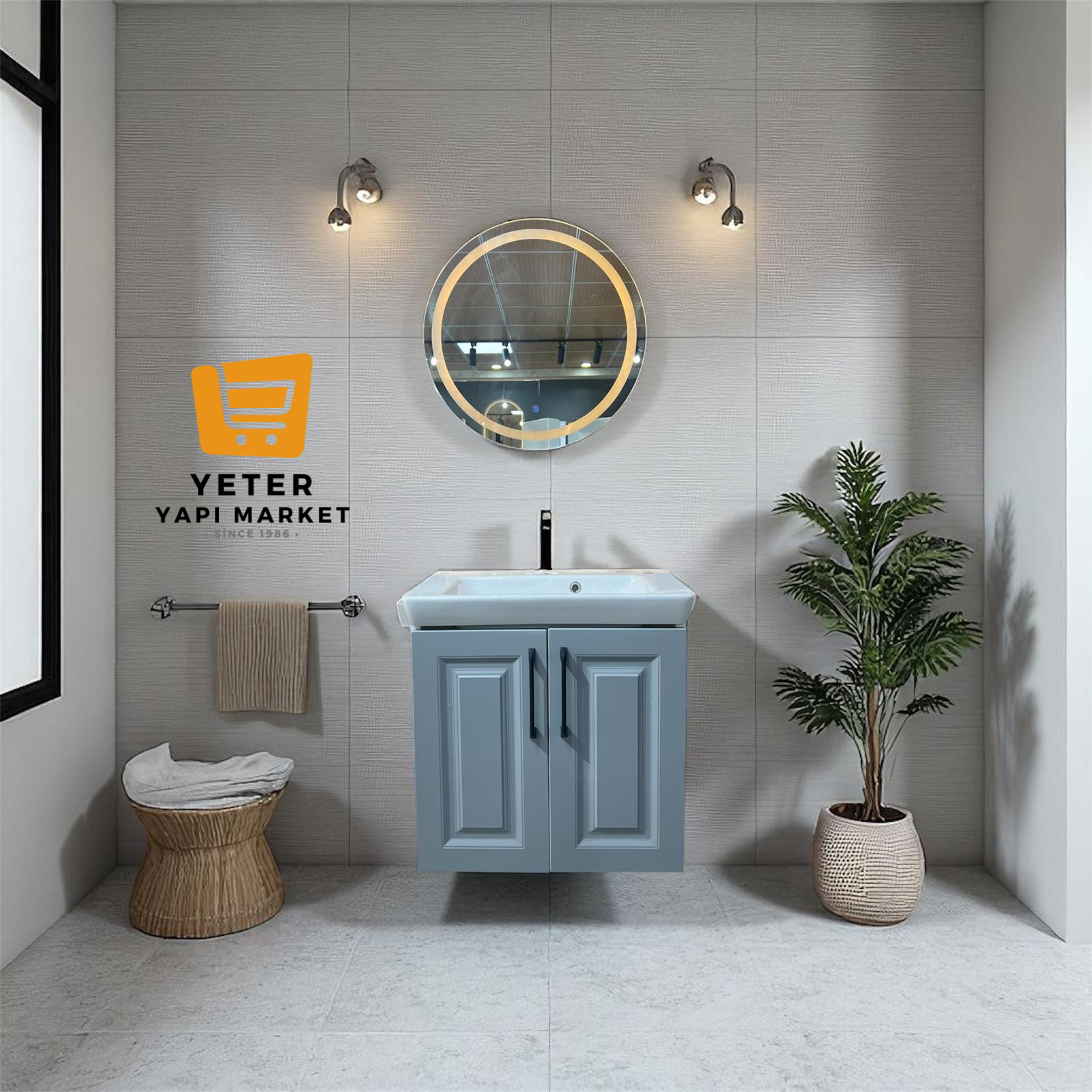 KÜL GRİ HİLTON LAVABO TAKIMI 65X38 LED AYNA DAHİL ÜRÜN TAKIM SETİ ✯