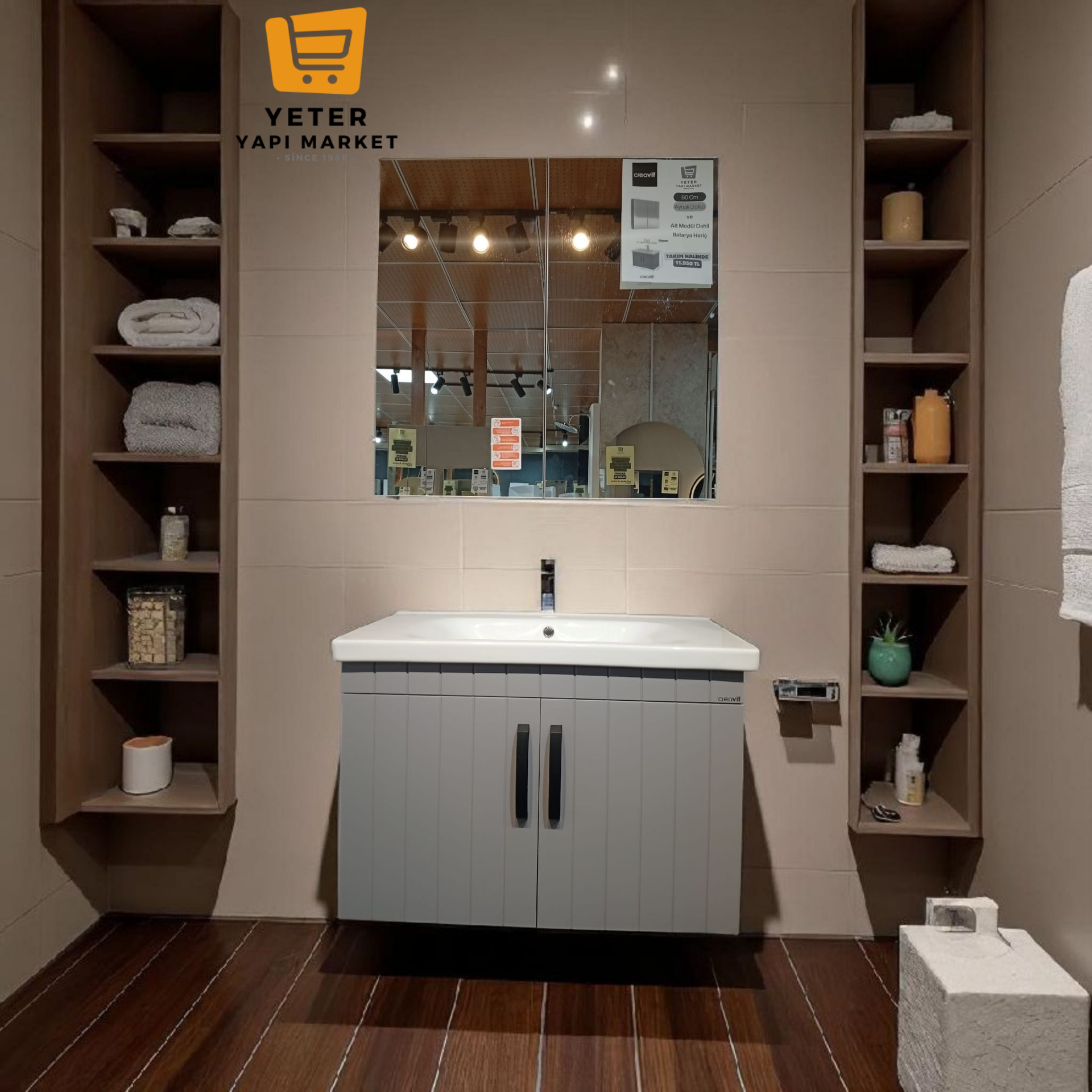 80*45 Cm Alt Modül  Aynalı Dolap Creavit Hilton Lavabo Seti