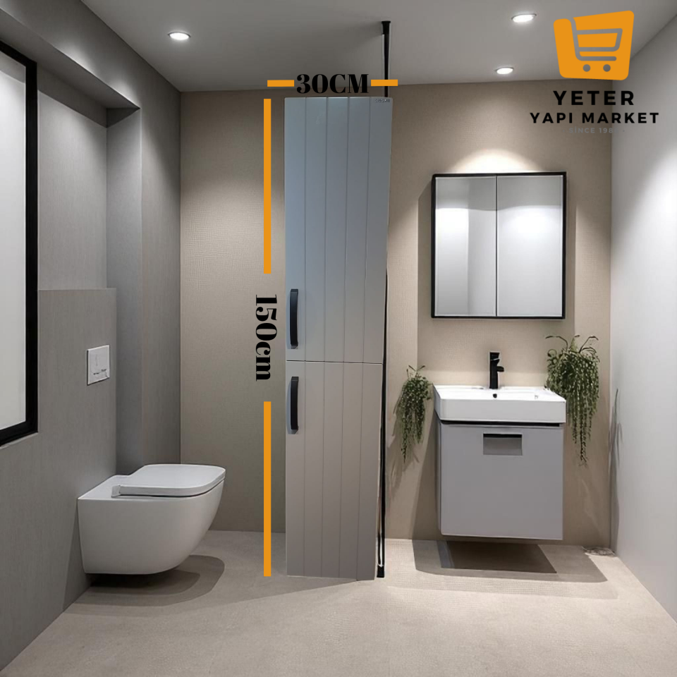 Creavit Banyo Boy Dolabı 150x30 Cm İki Kapaklı Gri
