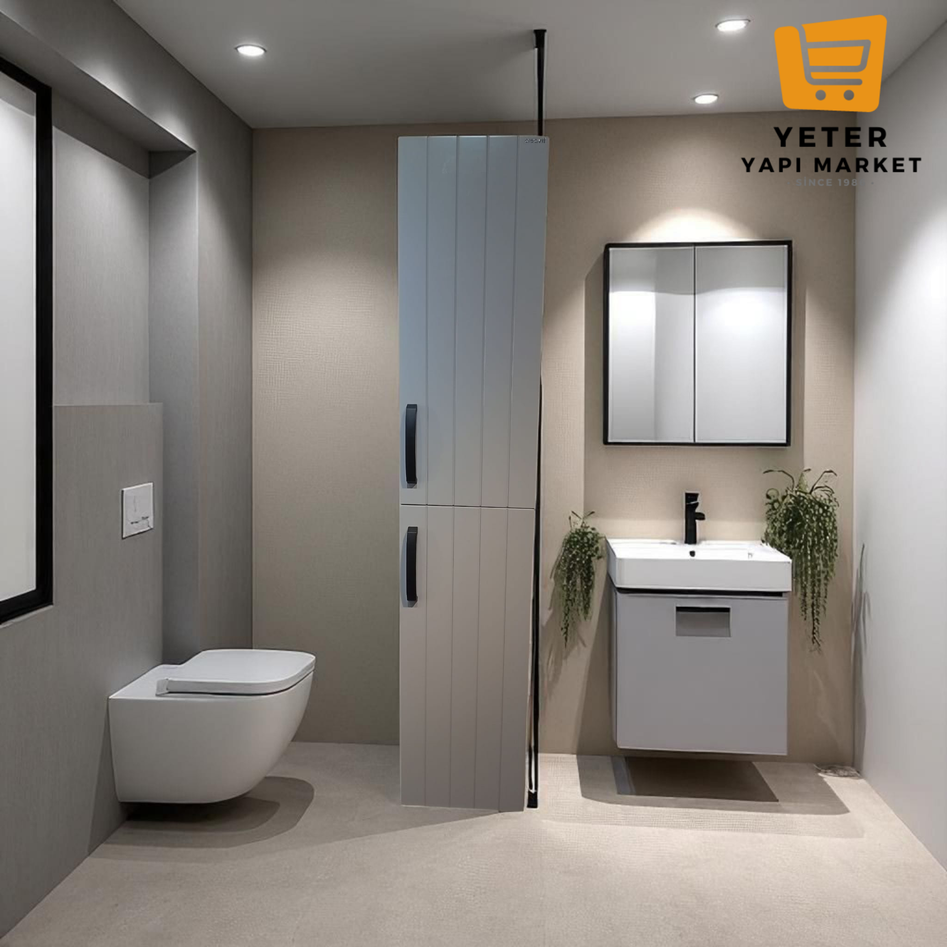 Creavit Banyo Boy Dolabı 150x30 Cm İki Kapaklı Gri