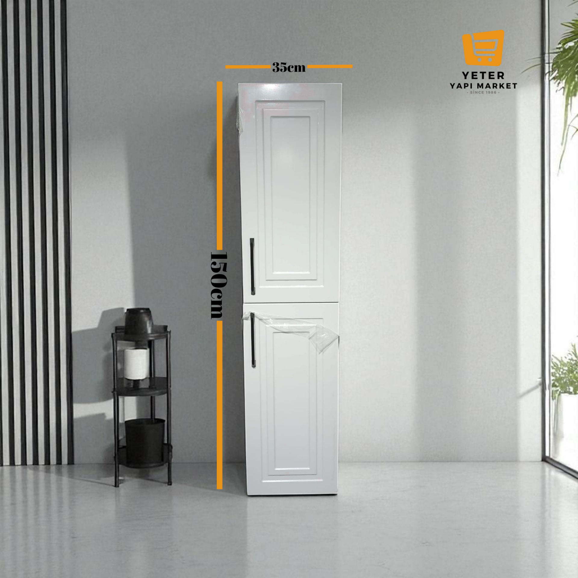 YETER Gerçek Membran 150x35 Banyo Boy Dolabı Beyaz İki Kapaklı