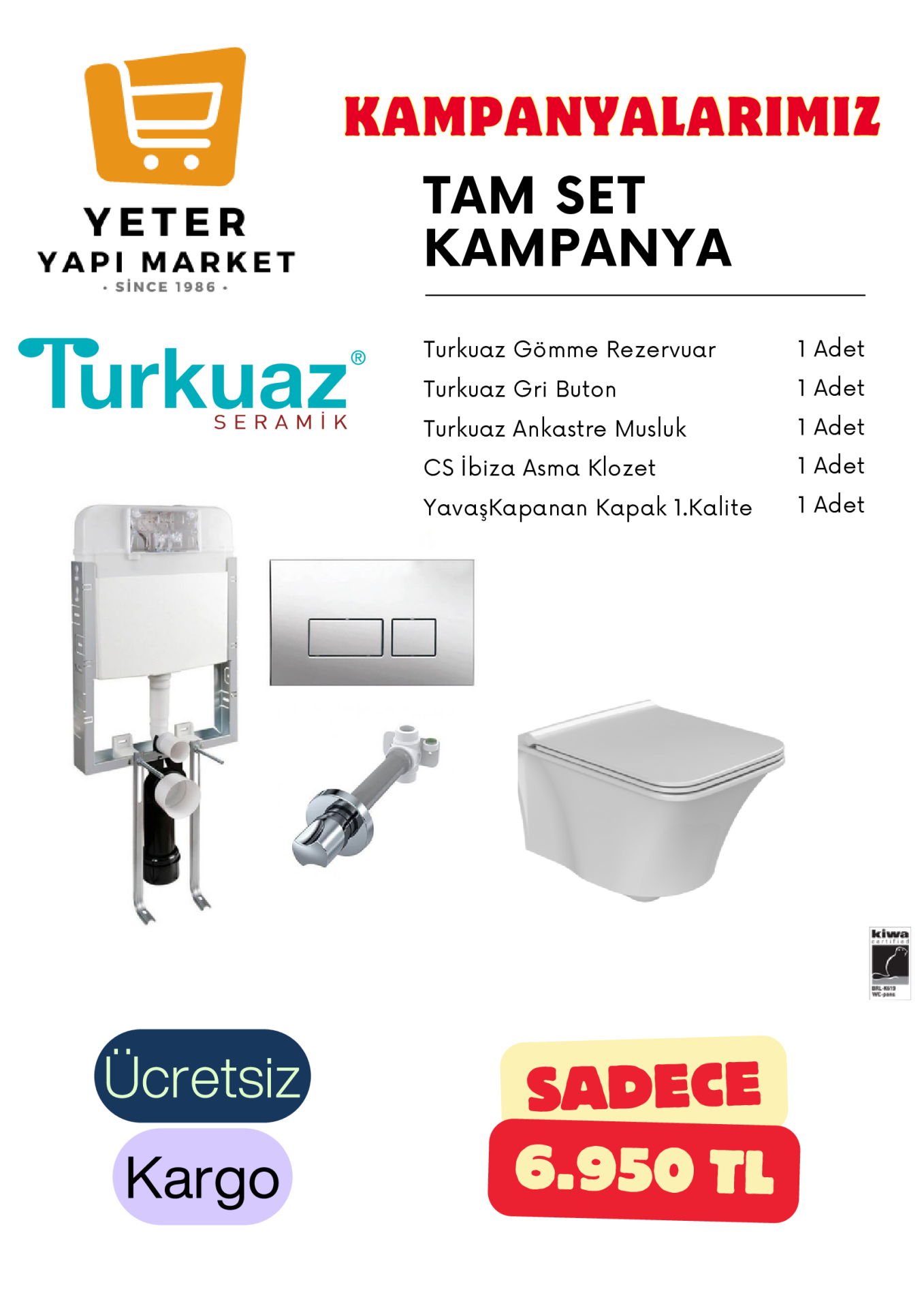Turkuaz İbiza Rimless Asma Klozet Fren Sistemli Kapak