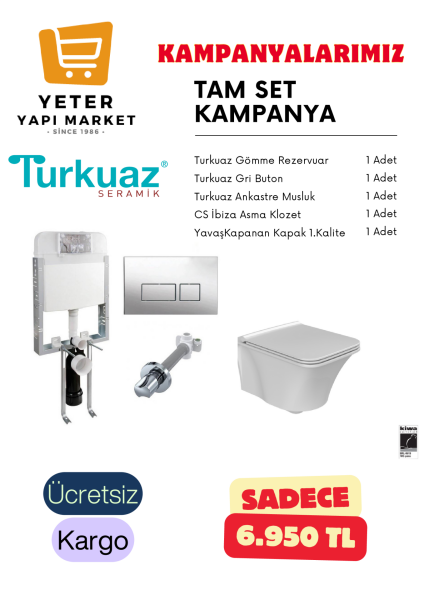 Turkuaz İbiza Rimless Asma Klozet Fren Sistemli Kapak