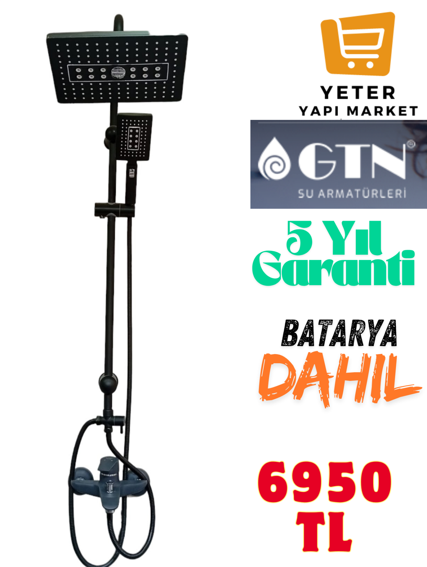 GTN Robot Duş Seti Batarya Dahil Tam Takım Siyah