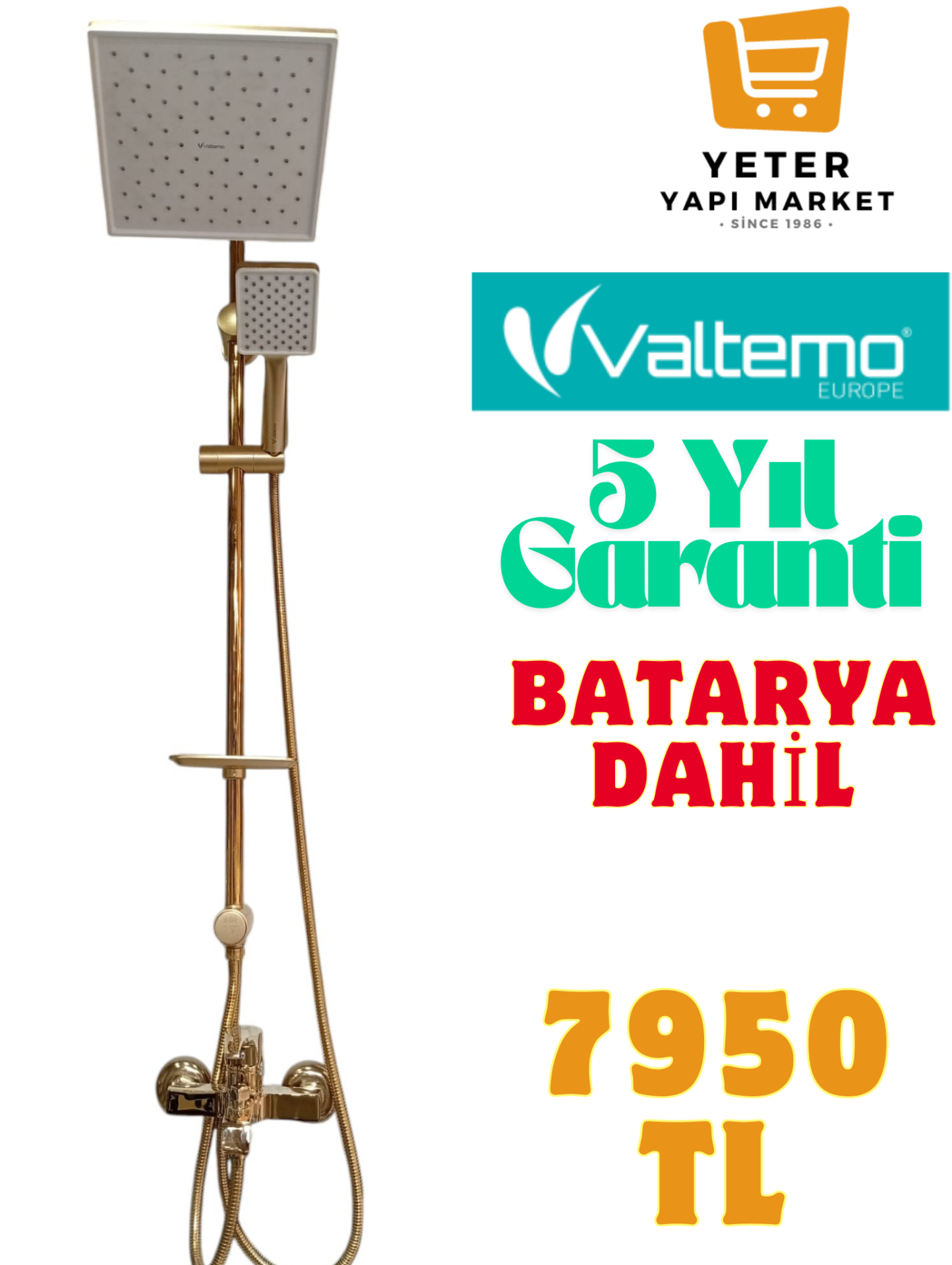 Valtemo Robot Duş Seti Batarya Dahil Gold Renk